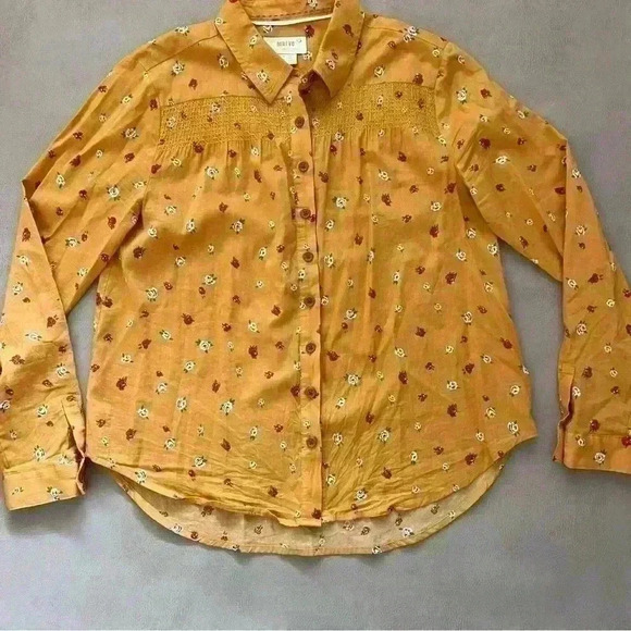 Maeve Anthropologie  Button Down Shirt Womens 0P Yellow Floral Peasant Boho - Picture 1 of 9